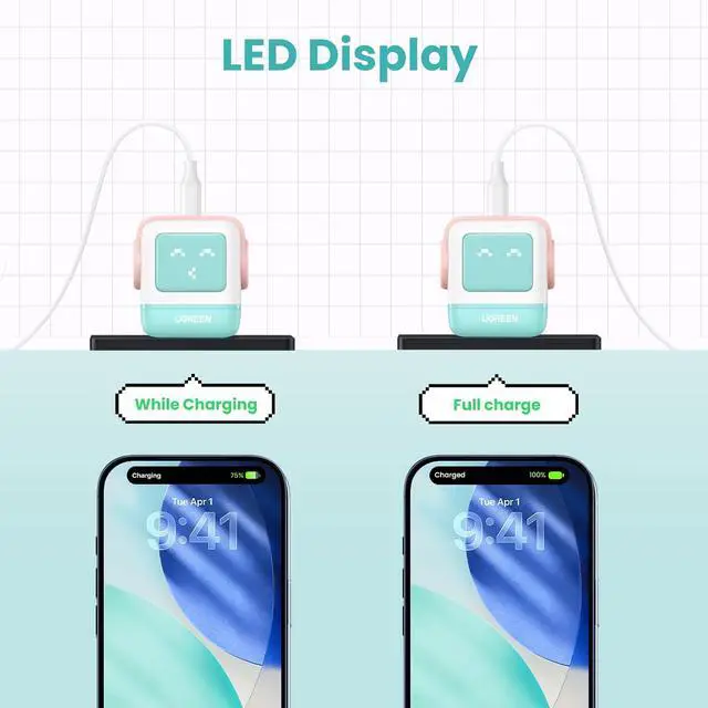 Alt view image 5 of 7 - UGREEN Uno 30W USB C Charger, Compact Robot GaN Fast Charging Block, Green