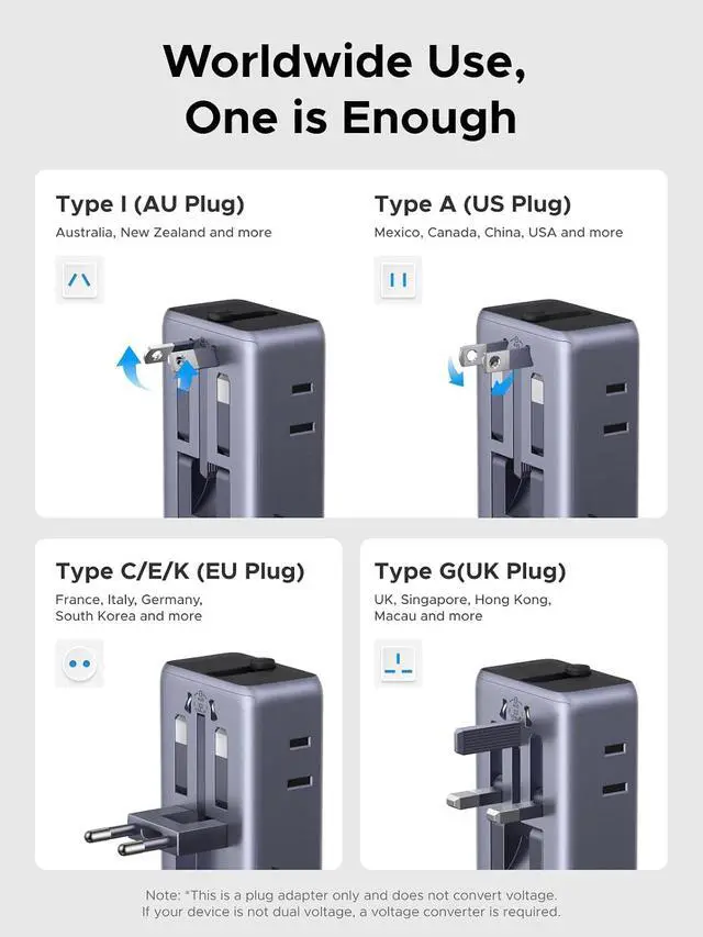 Alt view image 3 of 7 - UGREEN 45W 6-Port Universal Travel Plug Adapter Worldwide