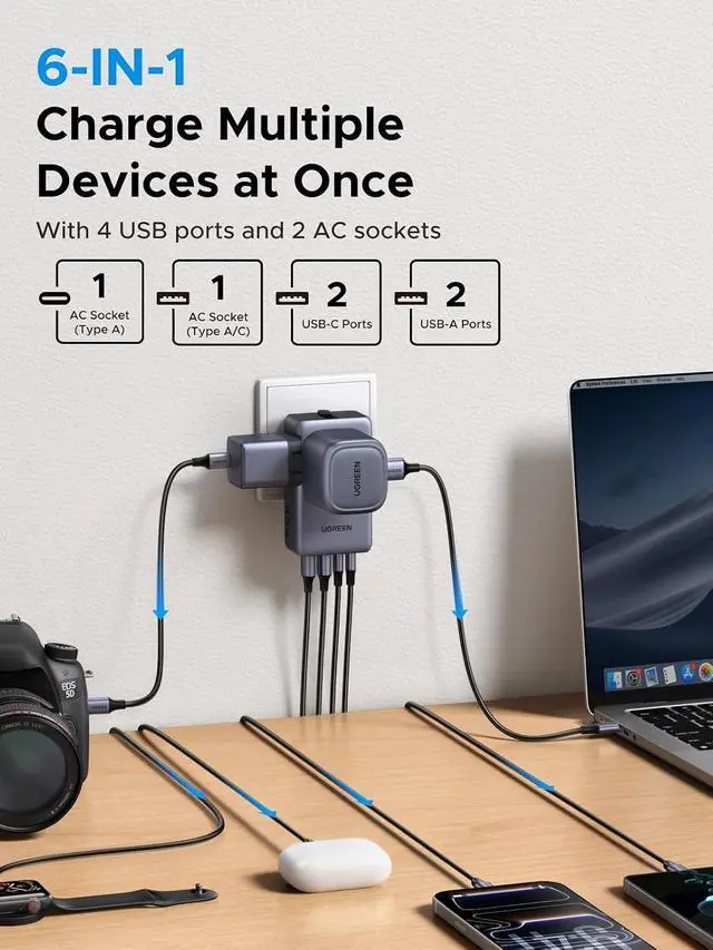 Alt view image 4 of 7 - UGREEN 45W 6-Port Universal Travel Plug Adapter Worldwide