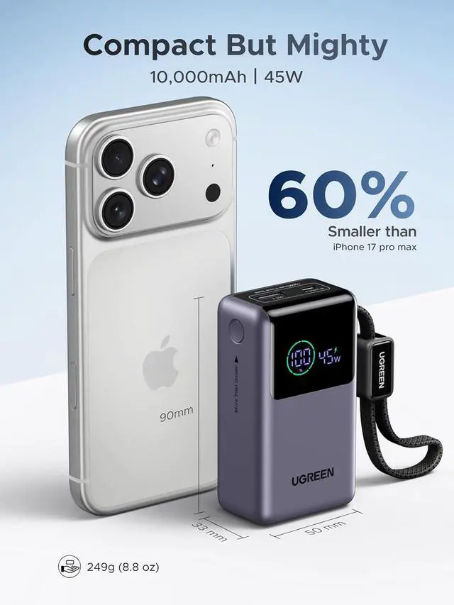 Alt view image 3 of 7 - UGREEN Nexode Pro 10000mAh 45W Power Bank for iPhone 17 & Galaxy S26 | Built-in cable, digital display, PD fast. Compact for iPhone 17/16 Pro & Galaxy S26 Ultra