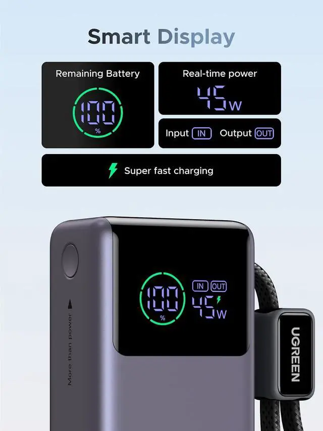 Alt view image 6 of 7 - UGREEN Nexode Pro 10000mAh 45W Power Bank for iPhone 17 & Galaxy S26 | Built-in cable, digital display, PD fast. Compact for iPhone 17/16 Pro & Galaxy S26 Ultra
