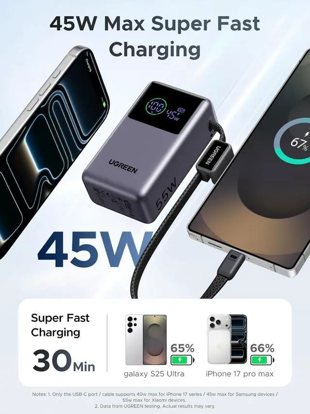 Alt view image 2 of 7 - UGREEN Nexode Pro 10000mAh 45W Power Bank for iPhone 17 & Galaxy S26 | Built-in cable, digital display, PD fast. Compact for iPhone 17/16 Pro & Galaxy S26 Ultra