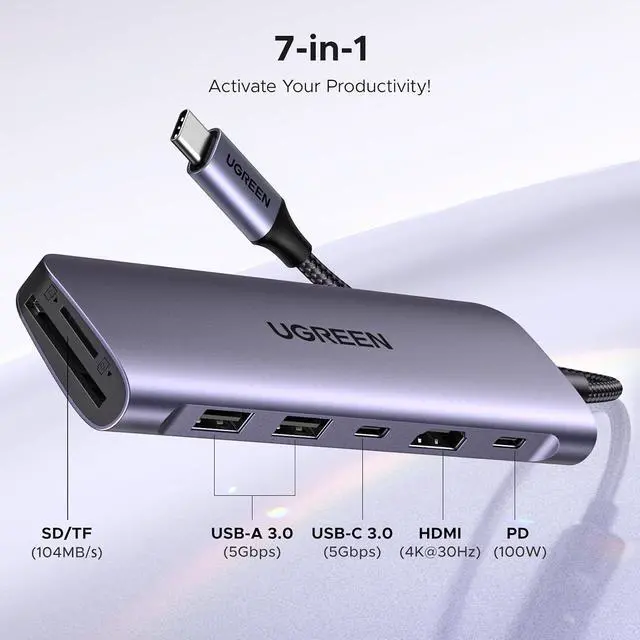 Alt view image 2 of 7 - UGREEN USB C Hub for Laptop Revodok 7 in 1 Dock 4K HDMI to USB C Adapter | 100W PD Charging, USB-C & 2 USB-A 5Gbps Data Ports, SD/TF Card Reader for MacBook Neo/Pro/Air, iPad Pro, XPS, Thinkpad