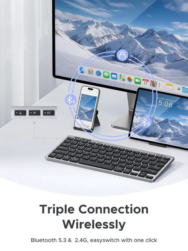 Alt view image 4 of 7 - UGREEN K551 Slim Quiet Wireless Bluetooth 78Keys Keyboard, 3-Device Free Switching with Bluetooth & 2.4G, Compatible with Windows/macOS/iOS/Android, Works with MacBook, Lenovo, HP