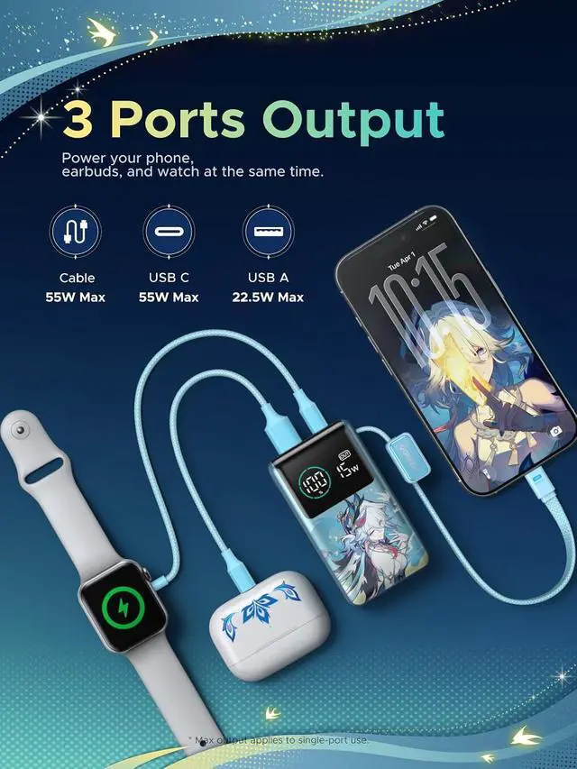 Alt view image 6 of 7 - UGREEN x Honkai Star Rail 10000mAh 55W Built-in Cable Power Bank | Honkai: Star Rail limited. Built-in cable, 45W 3 ports. for MacBook Air, iPhone 17, Steam Deck