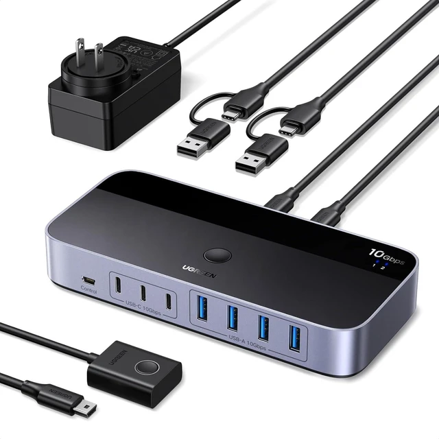 Main image of UGREEN 2-in 7-Out USB 3.2 Switch, 10 Gbps Switcher for A or C Computers Sharing All Devices(4 A+3 C) Keyboard Mouse Switch with Type C Converter Adapter,Power Adapter