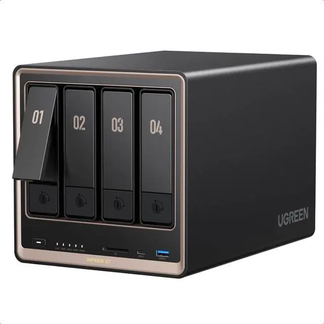 Main image of UGREEN NAS DXP4800 GT 4-Bay Desktop NAS, AMD R2514 CPU, 8GB DDR4 RAM | 2x 10GbE, 2X M.2 NVMe Slots, 4K HDMI Ideal for Smart Home Enthusiasts, Office Teams,Network Attached Storage (Diskless)