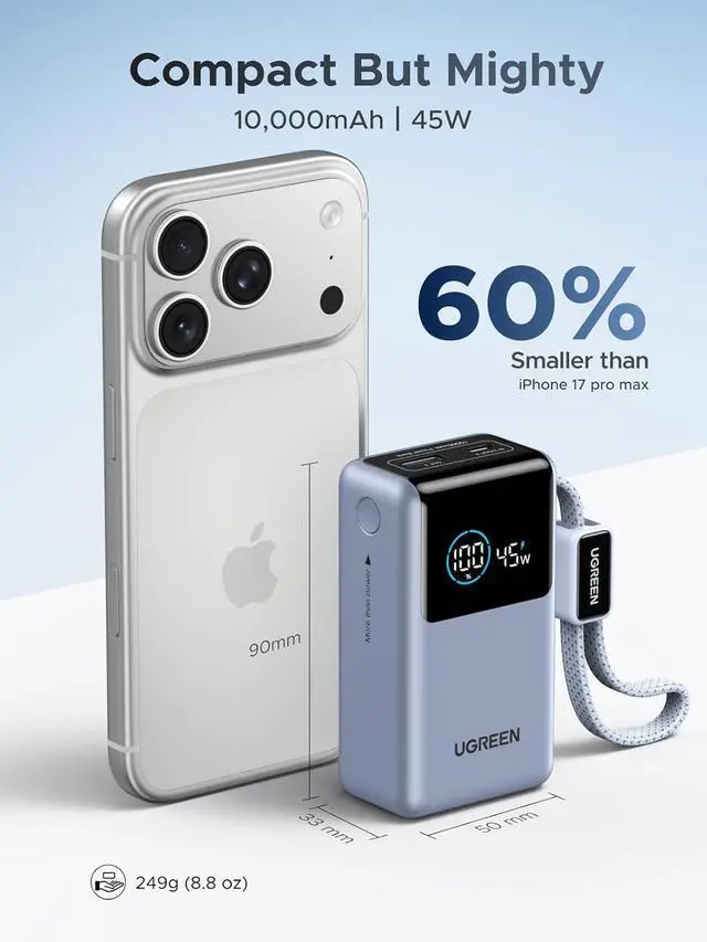 Alt view image 3 of 7 - UGREEN Nexode Pro 10000mAh 45W Built-in Cable Power Bank for iPhone | Built-in cable, digital display, PD fast. Compact for iPhone 17/16 Pro Max/Air & S26 Ultra