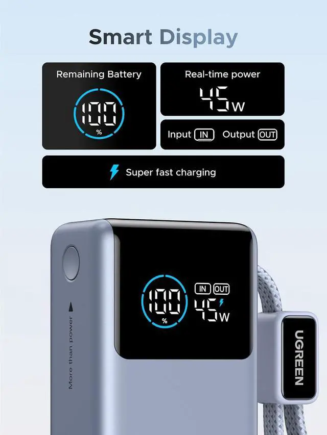 Alt view image 4 of 7 - UGREEN Nexode Pro 10000mAh 45W Built-in Cable Power Bank for iPhone | Built-in cable, digital display, PD fast. Compact for iPhone 17/16 Pro Max/Air & S26 Ultra