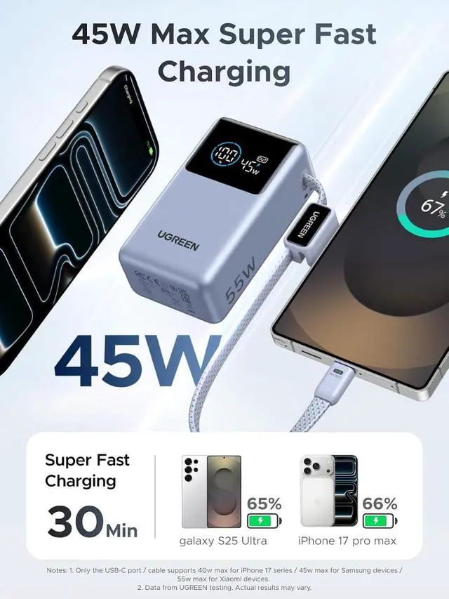 Alt view image 2 of 7 - UGREEN Nexode Pro 10000mAh 45W Built-in Cable Power Bank for iPhone | Built-in cable, digital display, PD fast. Compact for iPhone 17/16 Pro Max/Air & S26 Ultra