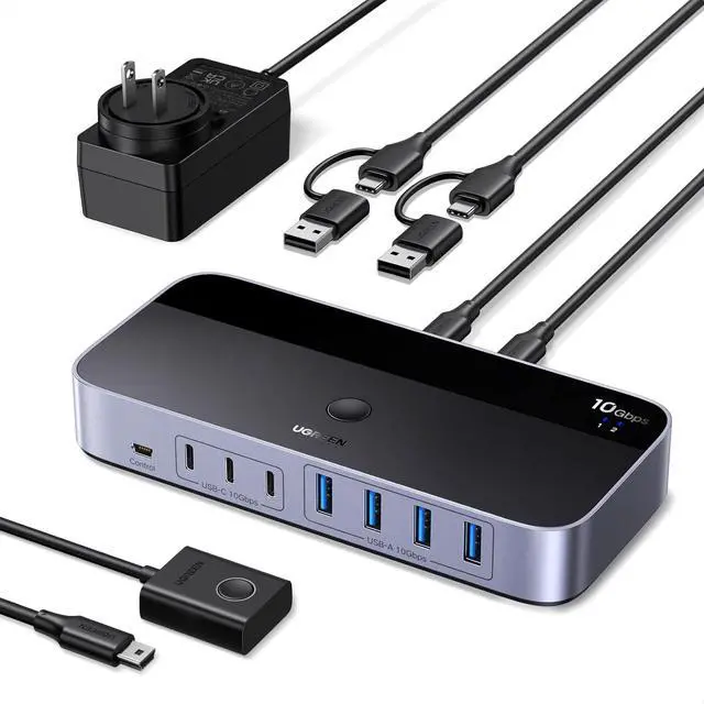 Main image of UGREEN 2-in 7-Out USB 3.2 Switch, 10 Gbps Switcher for A or C Computers Sharing All Devices(4 A+3 C) Keyboard Mouse Switch with Type C Converter Adapter,Power Adapter