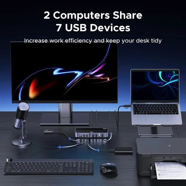 Alt view image 4 of 7 - UGREEN 2-in 7-Out USB 3.2 Switch, 10 Gbps Switcher for A or C Computers Sharing All Devices(4 A+3 C) Keyboard Mouse Switch with Type C Converter Adapter,Power Adapter
