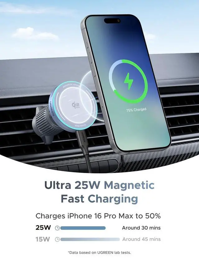 Alt view image 2 of 7 - UGREEN MagFlow 25W Qi2.2 MagSafe Compatible Wireless Car Charger Mount | Air Vent Clip and Fast Power, 360°Adjustable Car Phone Holder for iPhone 17-12 Series and More, Includes USB-C Cable