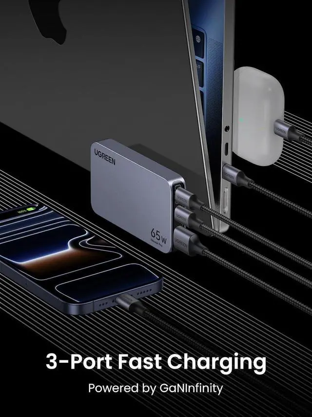 Alt view image 3 of 7 - UGREEN Nexode Pro 65W GaN USB C Slim Wall Charger, 3-Port Compact Fast PPS Charger for iPhone 17/16/15 Series, MacBook Air, iPad Pro, Galaxy S25/S24, Pixel 10/9, Steam Deck