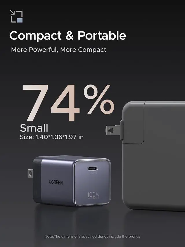 Alt view image 3 of 7 - UGREEN Nexode Air 100W Wall Charger Block with USB C Cable, Compact Foldable GaN Fast Charging, PD Type-C Charger Compatible with MacBook, iPhone 17 Pro Max, Galaxy, Grey