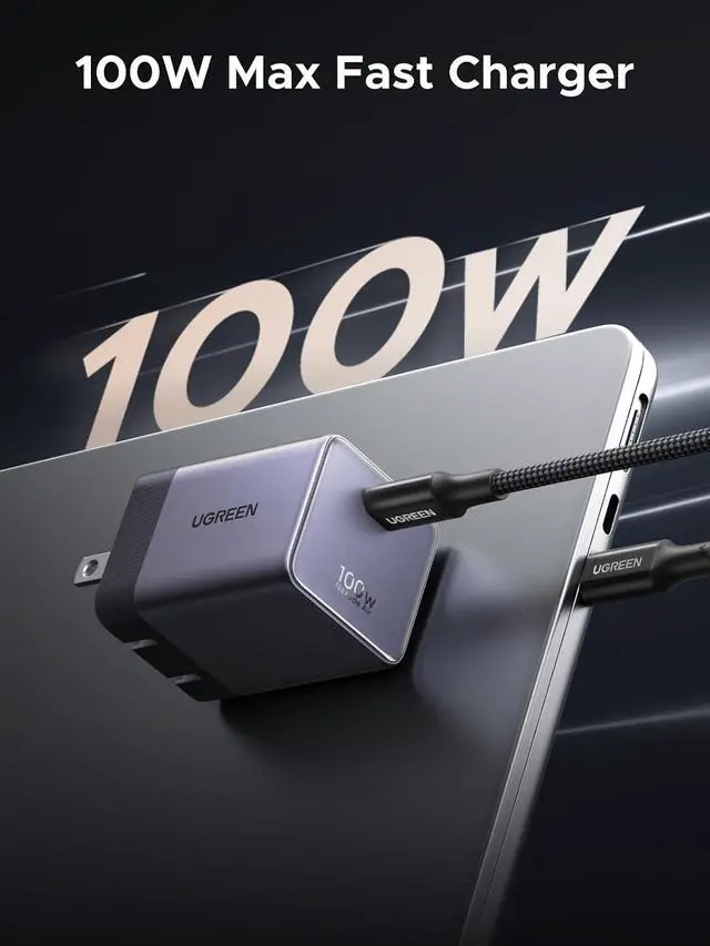 Alt view image 2 of 7 - UGREEN Nexode Air 100W Wall Charger Block with USB C Cable, Compact Foldable GaN Fast Charging, PD Type-C Charger Compatible with MacBook, iPhone 17 Pro Max, Galaxy, Grey