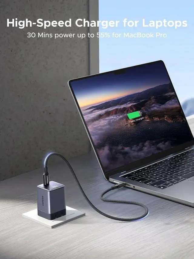 Alt view image 4 of 7 - UGREEN Nexode Air 100W Wall Charger Block with USB C Cable, Compact Foldable GaN Fast Charging, PD Type-C Charger Compatible with MacBook, iPhone 17 Pro Max, Galaxy, Grey