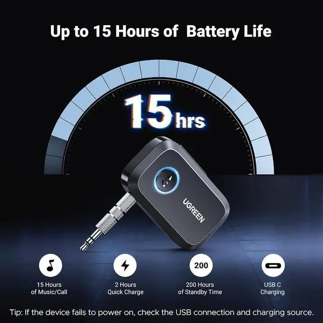 Alt view image 4 of 7 - UGREEN Bluetooth 5.4 Car Adapter, Hands-Free Call & Noise Cancelling AUX to Bluetooth Adapter for Car, 3.5mm Audio Blue-Tooth Receiver for Cars Stereo Home Speaker - 15H Battery Life