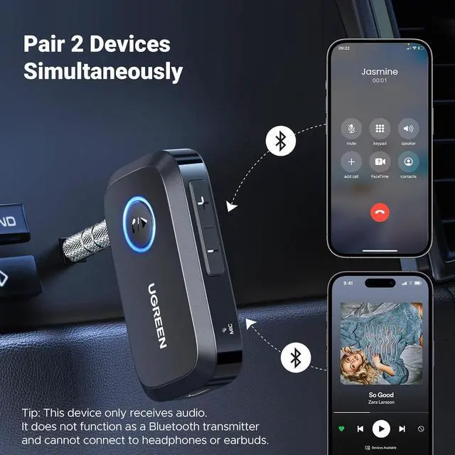 Alt view image 5 of 7 - UGREEN Bluetooth 5.4 Car Adapter, Hands-Free Call & Noise Cancelling AUX to Bluetooth Adapter for Car, 3.5mm Audio Blue-Tooth Receiver for Cars Stereo Home Speaker - 15H Battery Life
