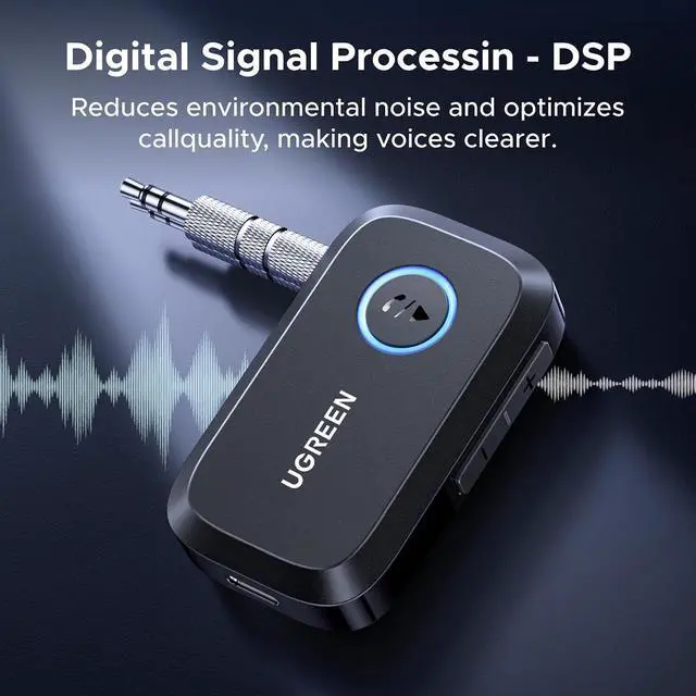 Alt view image 2 of 7 - UGREEN Bluetooth 5.4 Car Adapter, Hands-Free Call & Noise Cancelling AUX to Bluetooth Adapter for Car, 3.5mm Audio Blue-Tooth Receiver for Cars Stereo Home Speaker - 15H Battery Life
