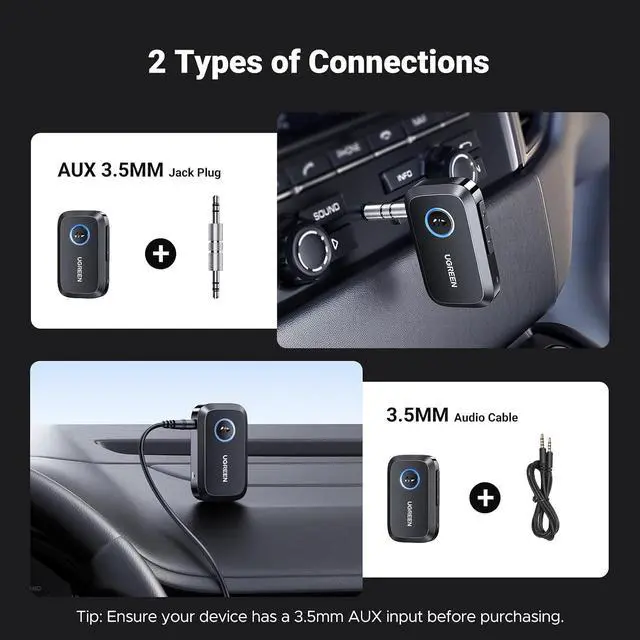 Alt view image 6 of 7 - UGREEN Bluetooth 5.4 Car Adapter, Hands-Free Call & Noise Cancelling AUX to Bluetooth Adapter for Car, 3.5mm Audio Blue-Tooth Receiver for Cars Stereo Home Speaker - 15H Battery Life
