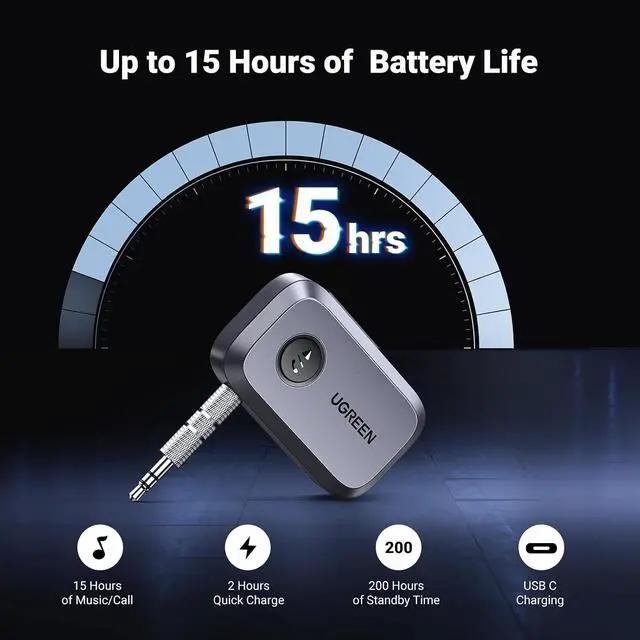 Alt view image 4 of 7 - UGREEN 5.4 Aux Bluetooth Adapter, Noise Cancelling 3.5mm AUX Bluetooth Car Adapter, Wireless Audio Receiver for Home Stereo/Wired Speaker, 15H Battery Life