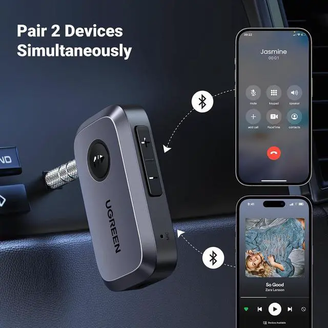 Alt view image 5 of 7 - UGREEN 5.4 Aux Bluetooth Adapter, Noise Cancelling 3.5mm AUX Bluetooth Car Adapter, Wireless Audio Receiver for Home Stereo/Wired Speaker, 15H Battery Life