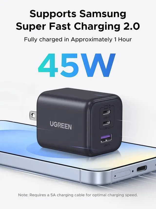 Alt view image 3 of 7 - UGREEN 45W USB C GaN Charger for iPhone 17, PPS 3 Port Super Fast Charger Block for iPhone 17/16, Galaxy S26/S25/S24, Pixel, iPad, MacBook Neo/Air and More Series, Matte Black (Cable Included)