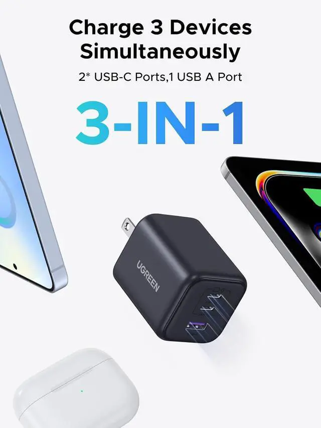 Alt view image 4 of 7 - UGREEN 45W USB C GaN Charger for iPhone 17, PPS 3 Port Super Fast Charger Block for iPhone 17/16, Galaxy S26/S25/S24, Pixel, iPad, MacBook Neo/Air and More Series, Matte Black (Cable Included)