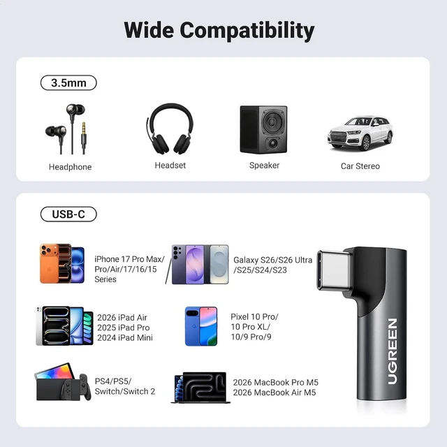 Alt view image 7 of 7 - UGREEN 90 Degree USB C to 3.5mm Audio Adapter Headphone Dongle Black | Right Angle, HiFi Stereo DAC 96KHz/24bit, Compatible with iPhone 17 16 Pro Max Galaxy S26, Aluminum Shell, Type C to Aux Jack