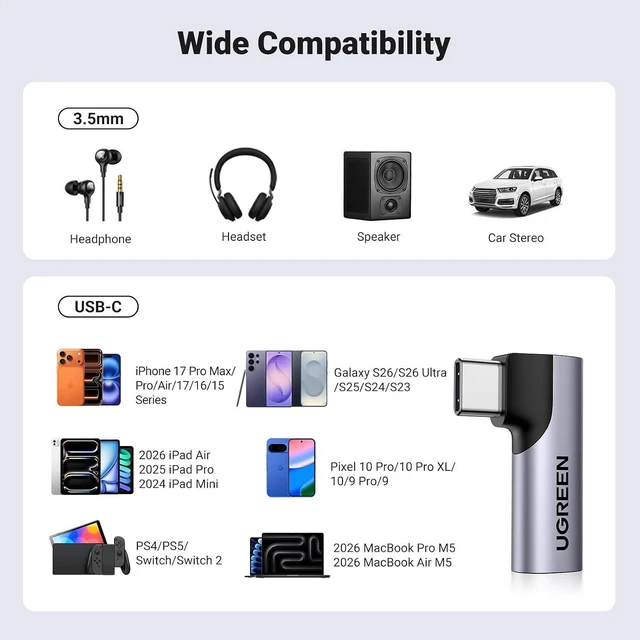 Alt view image 7 of 7 - UGREEN 90 Degree USB C to 3.5mm Audio Adapter Headphone Dongle Gray | Right Angle, HiFi Stereo DAC 96KHz/24bit, Compatible with iPhone 17 16 Pro Max Galaxy S26, Aluminum Shell, Type C to Aux Jack
