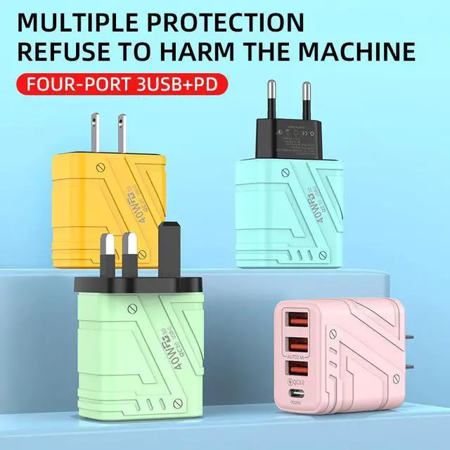 Alt view image 2 of 4 - Mecha-Style 3-Port USB Charger 5V/3A Multi-Device Fast Charging Block with 3 USB-A & Type-C Ports, Cyberpunk Design Desktop Wall Charger for iPhone/Samsung/Android, Yellow EU Plug