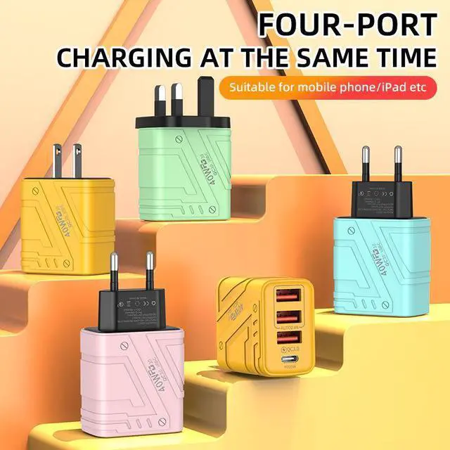 Alt view image 4 of 4 - Mecha-Style 3-Port USB Charger 5V/3A Multi-Device Fast Charging Block with 3 USB-A & Type-C Ports, Cyberpunk Design Desktop Wall Charger for iPhone/Samsung/Android, Yellow EU Plug