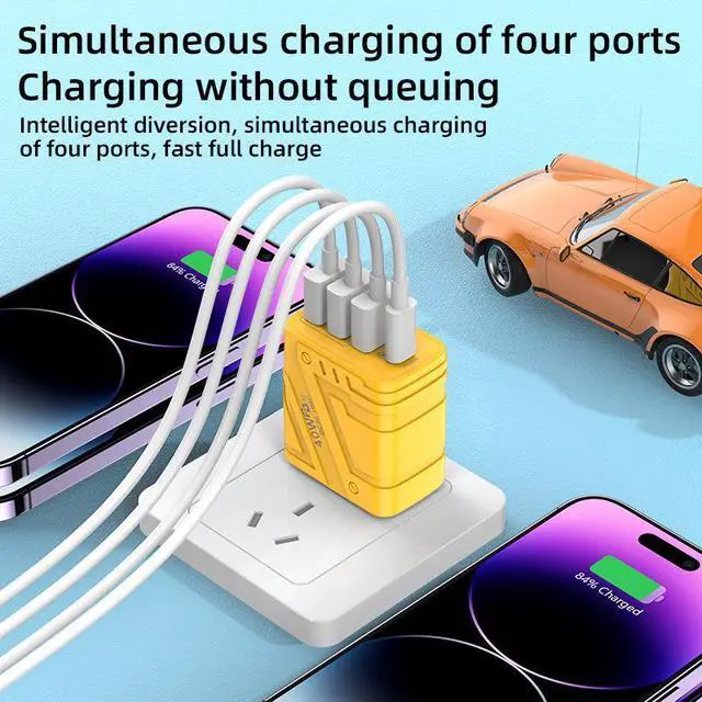 Alt view image 3 of 4 - Mecha-Style 3-Port USB Charger 5V/3A Multi-Device Fast Charging Block with 3 USB-A & Type-C Ports, Cyberpunk Design Desktop Wall Charger for iPhone/Samsung/Android, Yellow EU Plug