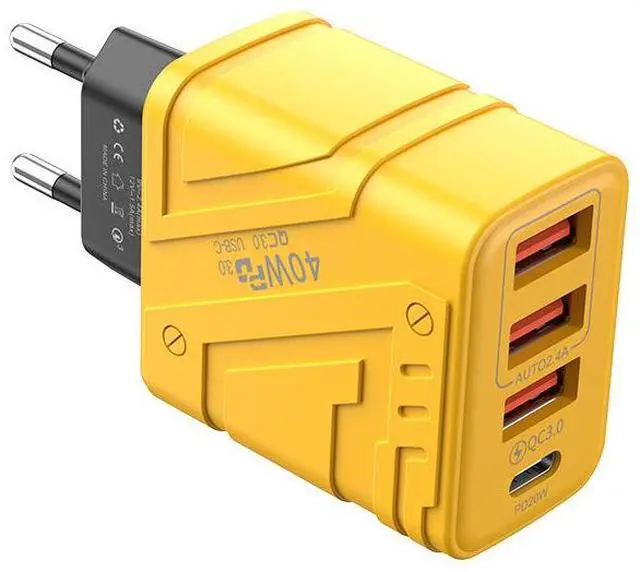 Main image of Mecha-Style 3-Port USB Charger 5V/3A Multi-Device Fast Charging Block with 3 USB-A & Type-C Ports, Cyberpunk Design Desktop Wall Charger for iPhone/Samsung/Android, Yellow EU Plug
