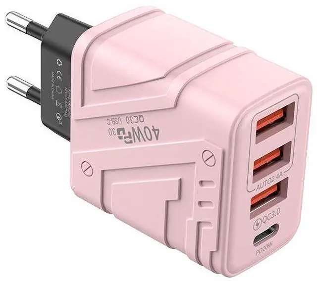 Main image of Mecha-Style 3-Port USB Charger 5V/3A Multi-Device Fast Charging Block with 3 USB-A & Type-C Ports, Cyberpunk Design Desktop Wall Charger for iPhone/Samsung/Android, pink EU Plug