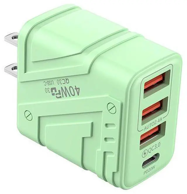 Main image of Mecha-Style 3-Port USB Charger 5V/3A Multi-Device Fast Charging Block with 3 USB-A & Type-C Ports, Cyberpunk Design Desktop Wall Charger for iPhone/Samsung/Android,green US Plug