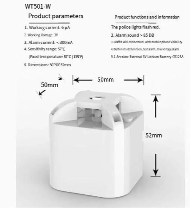 Alt view image 2 of 7 - WT501-W WiFi Smart Heat Detector Fixed Temperature Sensor (57°C/135°F), Wireless Fire Prevention Alarm, 85dB Siren, Tuya App Remote Alerts, 3V Lithium Battery (10+ Years), for Kitchen Garage Basemen