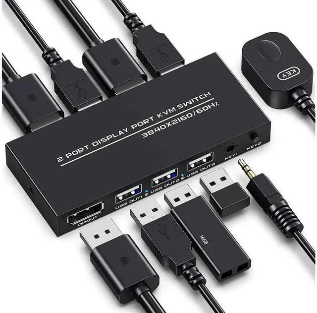 Main image of KVM Switch DisplayPort - 2 Port Displayport KVM Switch, Two Computers One Monitor Switch to Share Mouse,Keyboard,Printer,USB and Ultra HD Monitor, Support 4K@60Hz, 2 DP Cable and 2 USB Cable Included