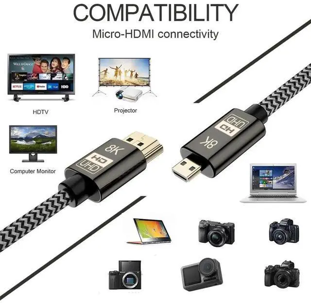 Alt view image 7 of 7 - Micro HDMI to HDMI 2.1 Ultra-HD UHD 8K 60hz 4K 120hz Cable 48Gbs HDMI Cord for Camera Tablet (1.5m)