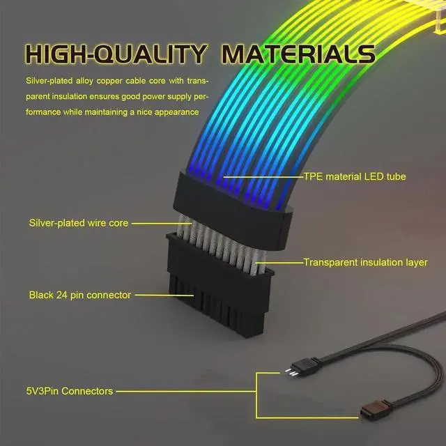 Alt view image 3 of 7 - 24 Pin RGB Cable,RGB PSU Cables Extensions - 5V 3Pin Addressable ARGB Motherboard Power Supply fit Black PC Case Build Black Style