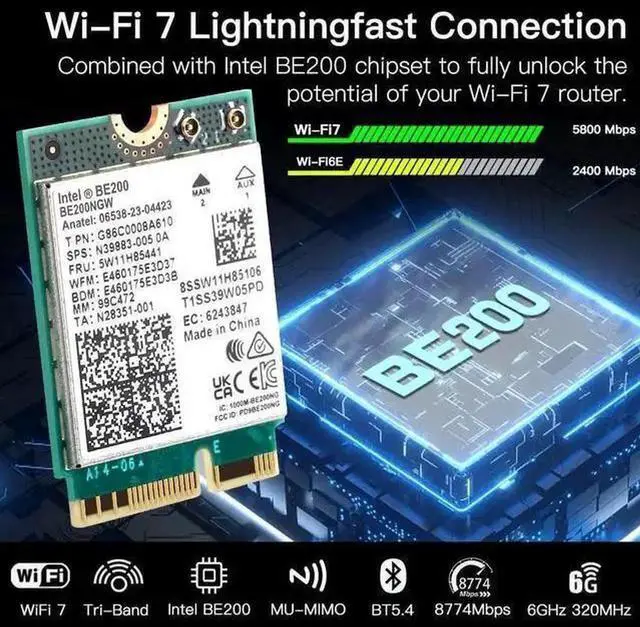 Alt view image 2 of 7 - Wireless Adapter WISDUM New 5.8 Gbps Wi-Fi 7 Bluetooth 5.4 PCI-E WiFi Adapter BE200 Card 2.4/5/ 6 GHz 802.11be for Windows 11 PC Desktop