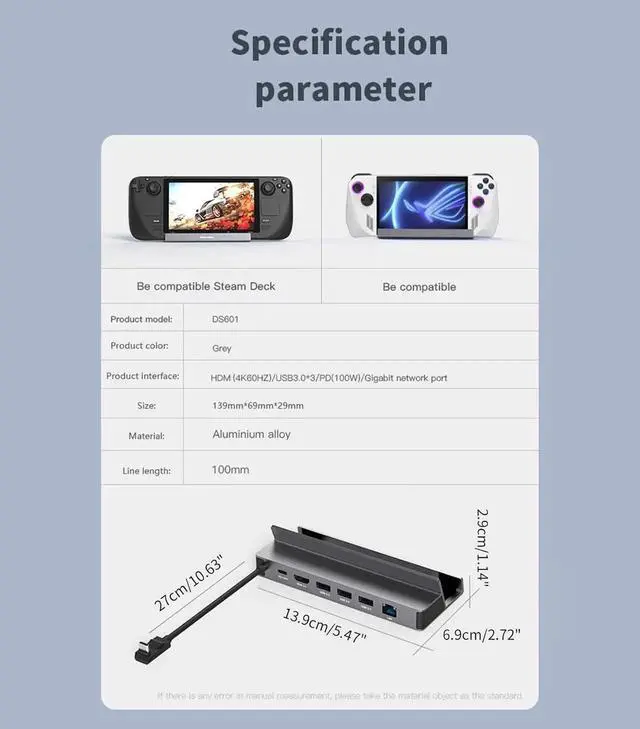 Alt view image 6 of 7 - 6-in-1 USB Hub Aluminum Alloy Docking Station For SteamDeck Base Connector Docking Station 1000MbpsEthernet 3x5GbpsUSB 6-in-1 Docking Station USB3.0 HUB 5G For SteamDeck Dock For SteamDeck Dock 4K60Hz