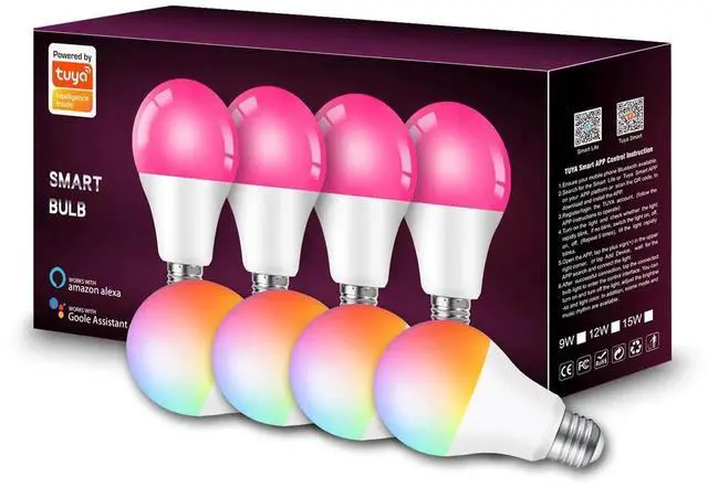 Main image of Tuya Smart WiFi+Bluetooth RGB LED Bulb 4-Pack, 9W Dimmable Color Changing Light 800lm, 120° Beam, AC200-240V, Works with Alexa & Google Home E26/E27 Screw Base