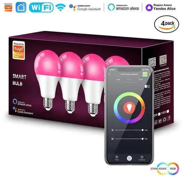 Alt view image 7 of 7 - Tuya Smart WiFi+Bluetooth RGB LED Bulb 4-Pack, 9W Dimmable Color Changing Light 800lm, 120° Beam, AC200-240V, Works with Alexa & Google Home E26/E27 Screw Base