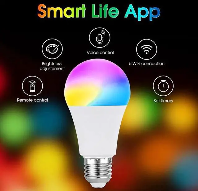 Alt view image 4 of 7 - Tuya Smart WiFi+Bluetooth RGB LED Bulb 4-Pack, 9W Dimmable Color Changing Light 800lm, 120° Beam, AC200-240V, Works with Alexa & Google Home E26/E27 Screw Base