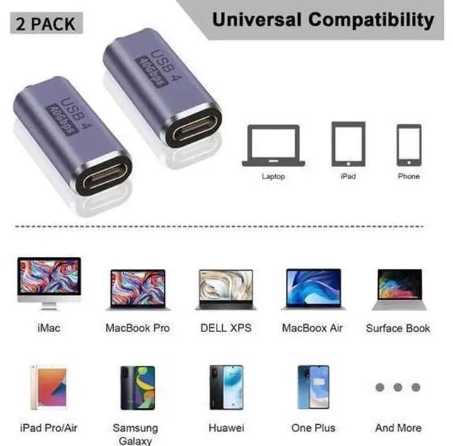 Alt view image 6 of 7 - USB C Female to Female Adapter, 100W USB C Coupler, 40Gbps Type C Extension Extender Adapter Support Thuderbolt 4 Cable for Docking, Galaxy, 2-Pack