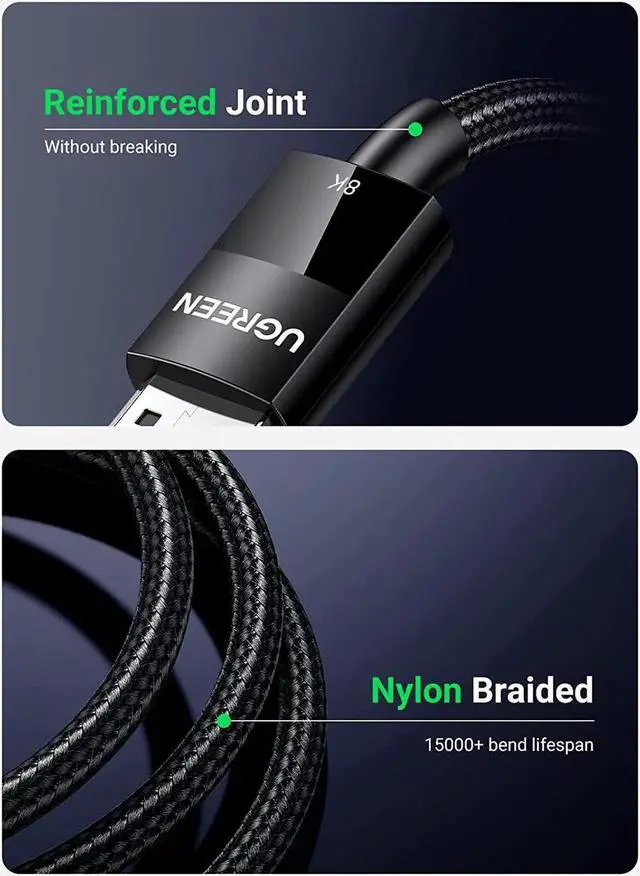 Alt view image 2 of 7 - UGREEN Displayport 1.4 Cable 8K DisplayPort to DisplayPort Cable Nylon Braided DP to DP 8K 60Hz 4K 144Hz and 1080P 240Hz Support 32.4Gbps HDR HDCP Gaming Monitor Cable for Laptop PC TV 6FT