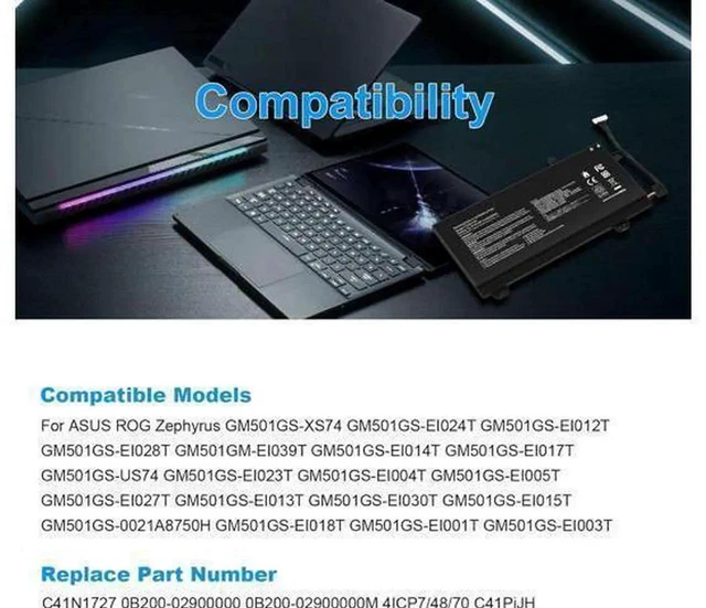 Alt view image 5 of 7 - C41N1727 Laptop Battery Replacement for Asus Zephyrus M GM501 GM501G GM501GM GM501GS ROG GU501 GU501G GU501GM GM501G-SEI006T GM501GS-EI015T GU501GM-BI7N8 GM501GM-EI005T GM501GS-EI003T 15.4V 55Wh