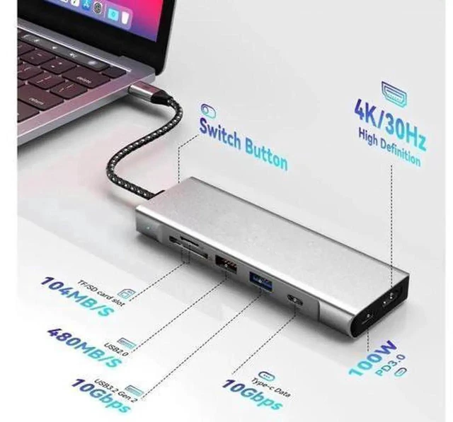 Alt view image 2 of 7 - USB C Docking Station, 8 in 1 USB C Hub with 10Gbps M.2 PCIe/SATA SSD Enclosure, 4K HDMI, 100W PD, 10Gbps USB C/USB-A Gen 3.2/3.1, SD/TF, USB-A Port for Windows, Mac OS USB-C Laptop